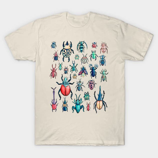 Vintage Watercolor Beetle Species Pattern T-Shirt by narwhalwall